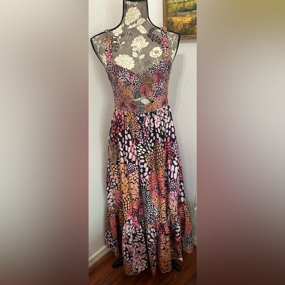 Anthropologie Geisha Designs Smocked Maxi Dress in Black, pink and orange- Small - Picture 2 of 11